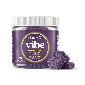 Jar of cbdMD Vibe gummies with purple packaging on a white background