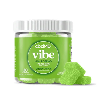 cbdMD Vibe high potency 10mg THC gummies, green apple flavor, 20 count dietary supplement