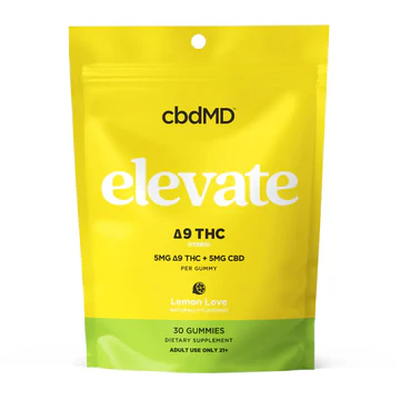 Yellow and green bag of Lemon Love Elevate Delta 9 THC and CBD gummies, 30 count, supplement