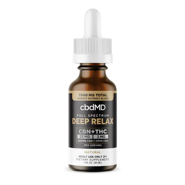 Full spectrum Deep Relax CBN and THC tincture in amber dropper bottle, 7500 mg, 30 ml