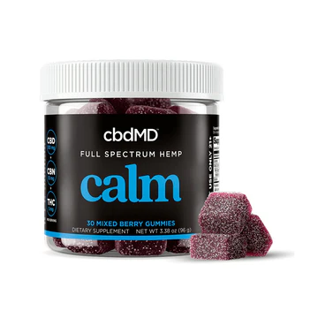 Jar of full spectrum hemp calming gummies, mixed berry flavor, with gummies beside the container