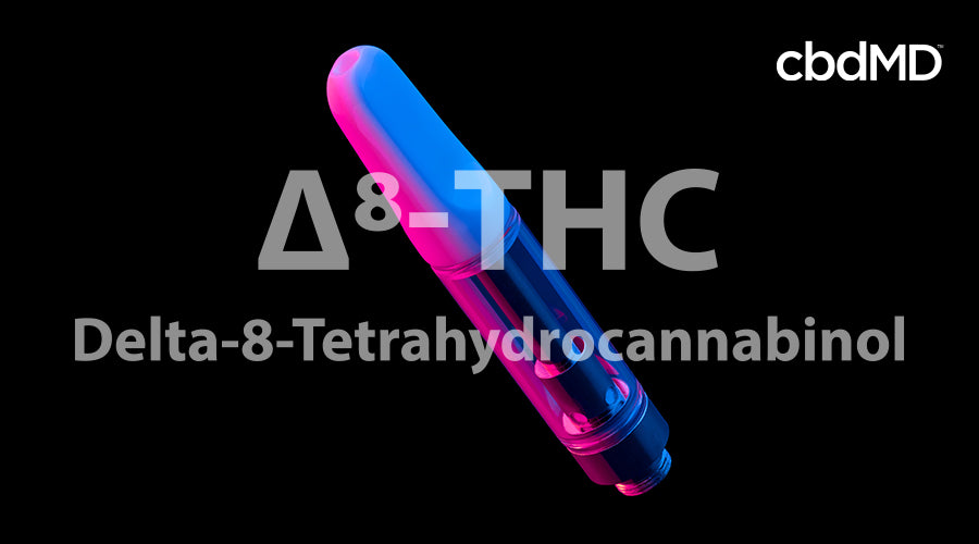 Delta 8 tetrahydrocannabinol symbol with a vape cart in the background