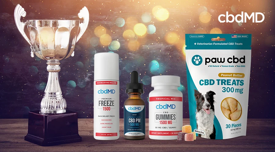 award winning cbdMD and pawCBD products including cbdMD 1500 mg cbd freeze, 500 mg cbd pm, 1500 mg cbd gummies, 300 mg cbd treats for dogs