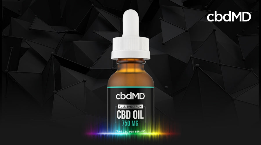 cbdMD full spectrum cbd oil 750mg bottle with shapes in the background