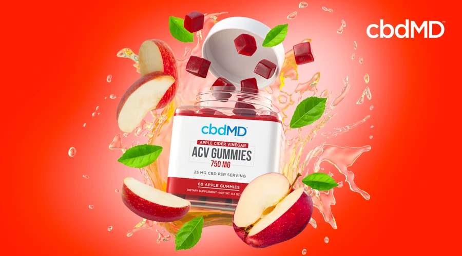 cbdMD apple cider vinegar acv gummies 750mg apple container with the lid opened with gummies coming out and apples all around it  