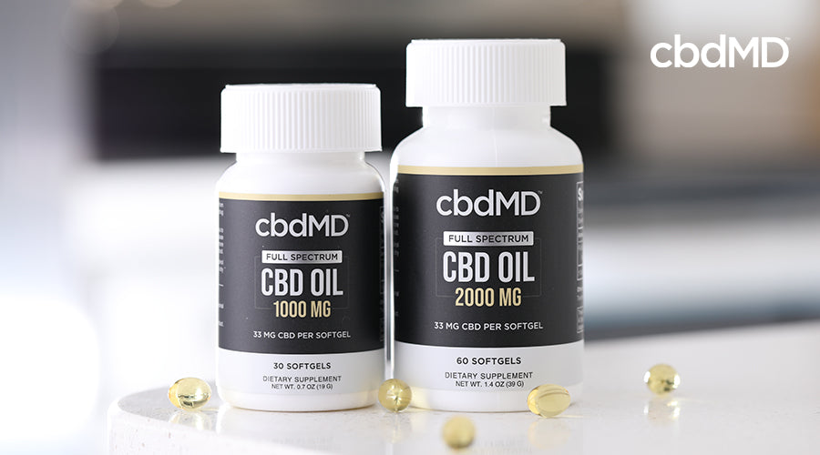 cbdMD full spectrum cbd oil 1000mg and 2000mg containers next to each other