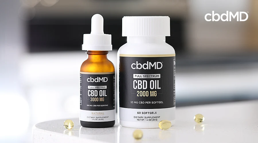 cbdMD full spectrum cbd oil and cbd softgels.