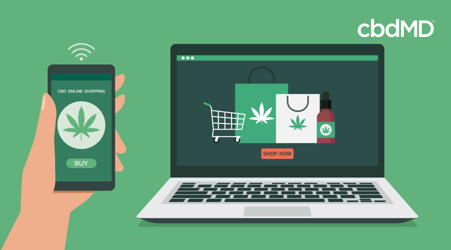 Illustration of a phone in someone's hand that has a cannabis leaf and cbd online shopping with a buy button on screen with a laptop screen next to it that has a shop now button with shopping cart two bags with cannabis leaves on them and an oil bottle with a cannabis leaf on it