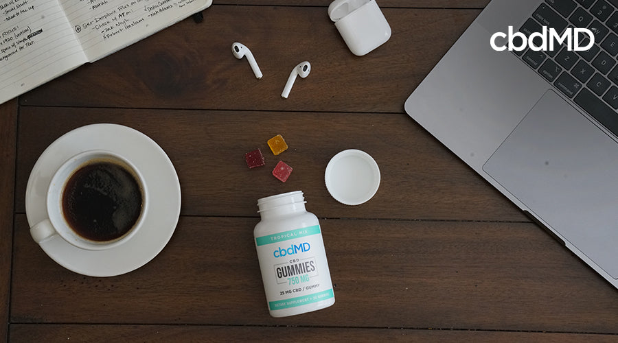 bottle of cbdMD CBD gummies on table with laptop, cup of coffee and headphones