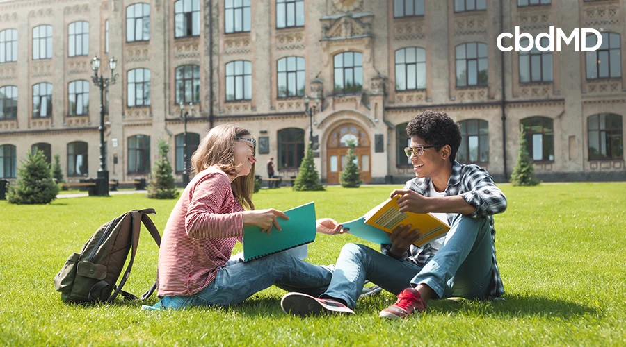 college students sitting on lawn in front of building