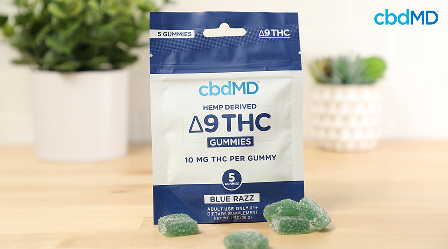 cbdMD hemp derived delta 9 gummies blue razz 5 count container with thc gummies around it