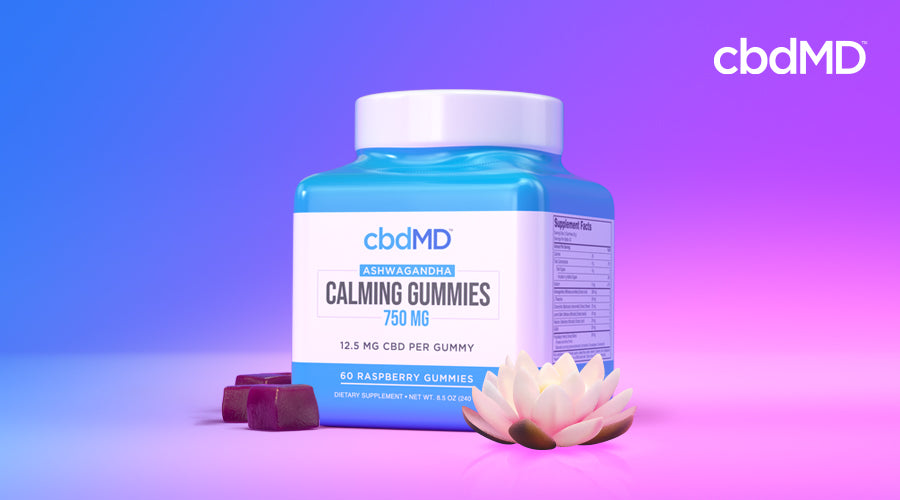 cbdMD ashwagandha calming gummies 750mg raspberry container with gummies and flower around it