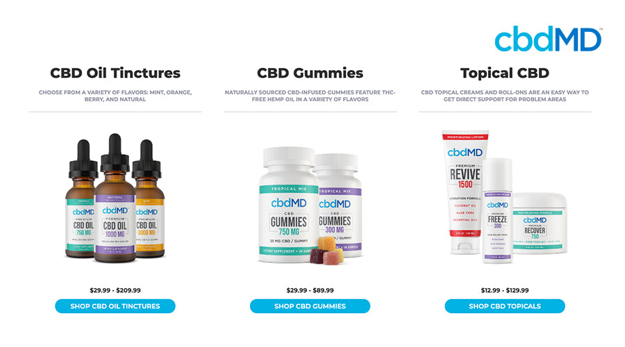 cbdMD cbd products featuring cbd oil tinctures, cbd gummies, and topical cbd