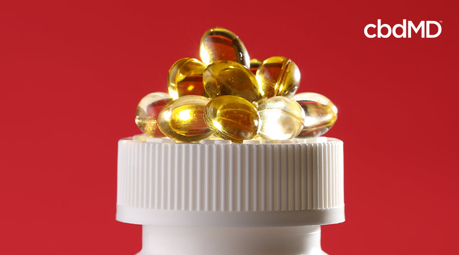 cbdMD softgels on top of bottle.