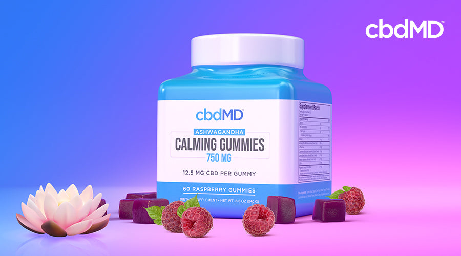 cbdMD ashwagandha calming gummies 750 mg raspberry container with gummies raspberries and a flower around it