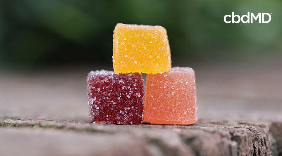 A stack of three different cbd gummies from cbdmd sit on a stone step