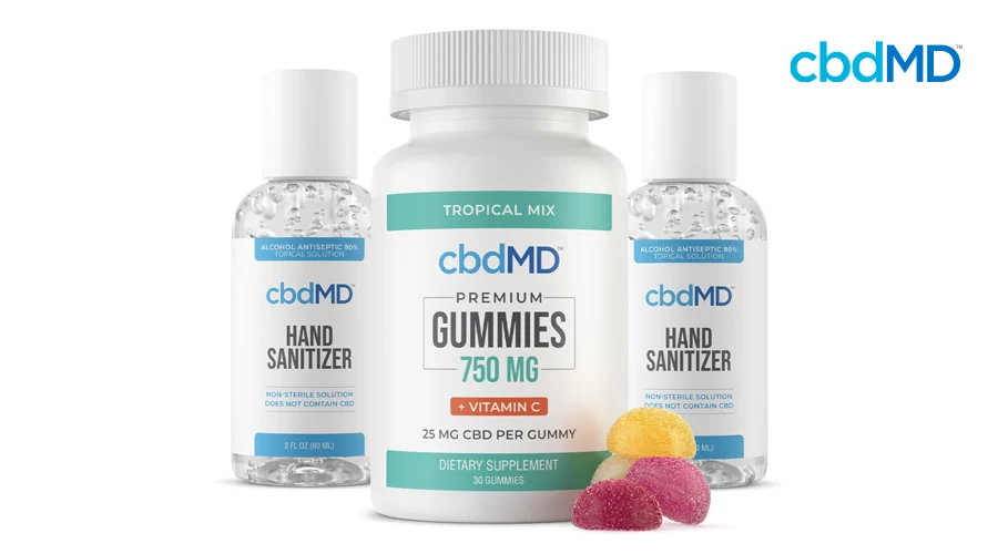 cbdMD 750 mg Gummies with two bottles of hand sanitizer