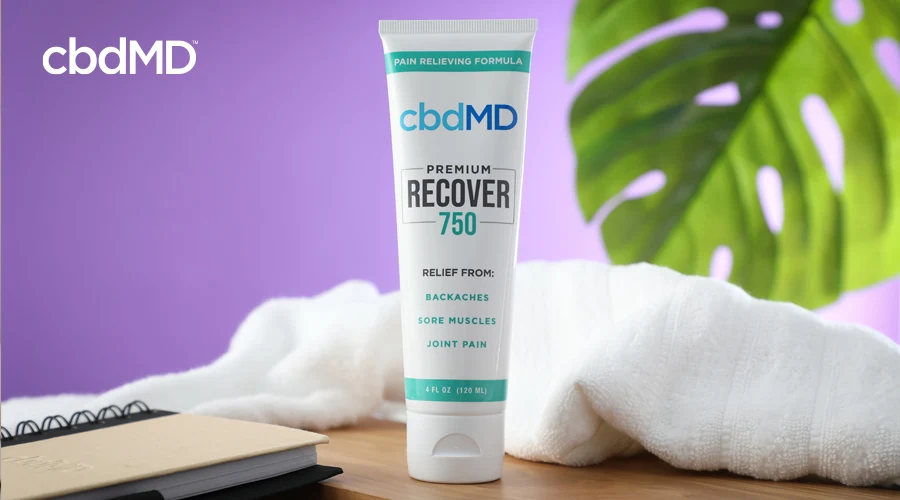 Squeeze bottle of 750 Recover CBD topical by cbdMD on table next to notebook with white towel and large plant leaf in the background