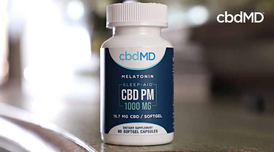 Image depicting a bottle of cbdMD PM 1000MG Softgel capsules