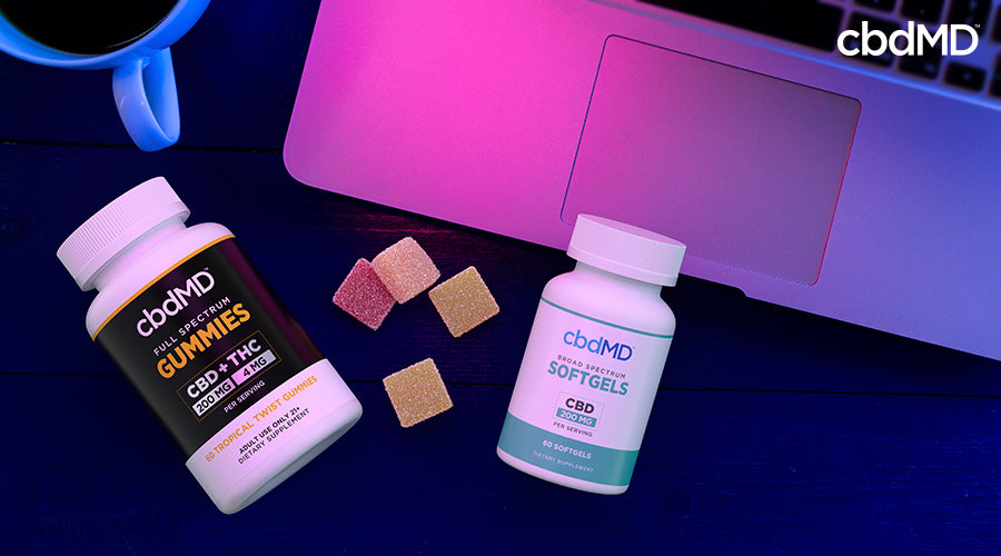 Full spectrum cbd gummies 200 mg cbd 4 mg thc tropical twist next to broad spectrum softgels 200 mg per serving with a laptop and coffee mug around them - cbdMD