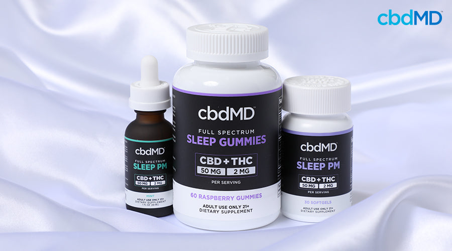 Full spectrum sleep pm tincture 50 mg cbd 2 mg thc mint sleep gummies 50 mg cbd 2 mg thc raspberry and sleep pm softgels 50 mg cbd 2 mg thc all next to each other - cbdMD