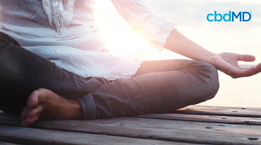 Yoga pose sititng on wood with legs cross and wrists resting on knee