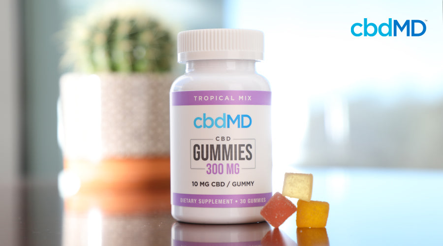 A bottle of cbd gummies from cbdmd sits on a counter with a few colorful gummy pieces next to it
