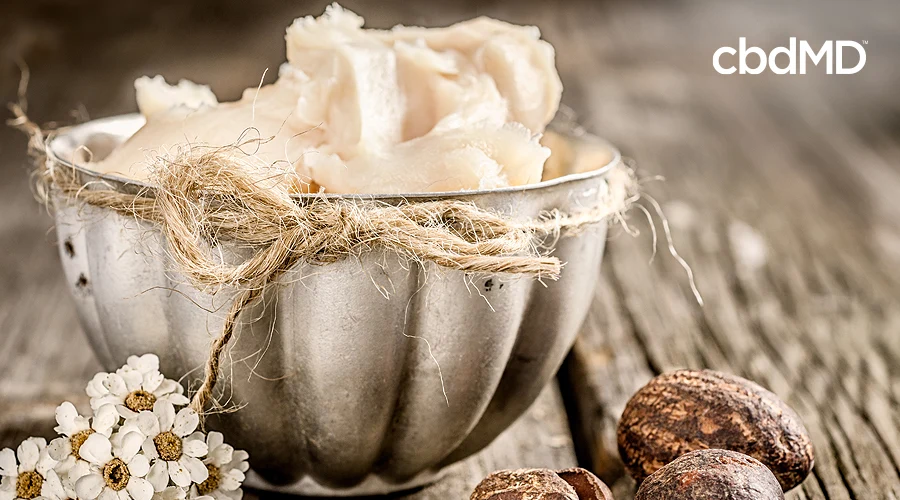 A bowl of fresh shea butter sits with a hemp cord around it on a table