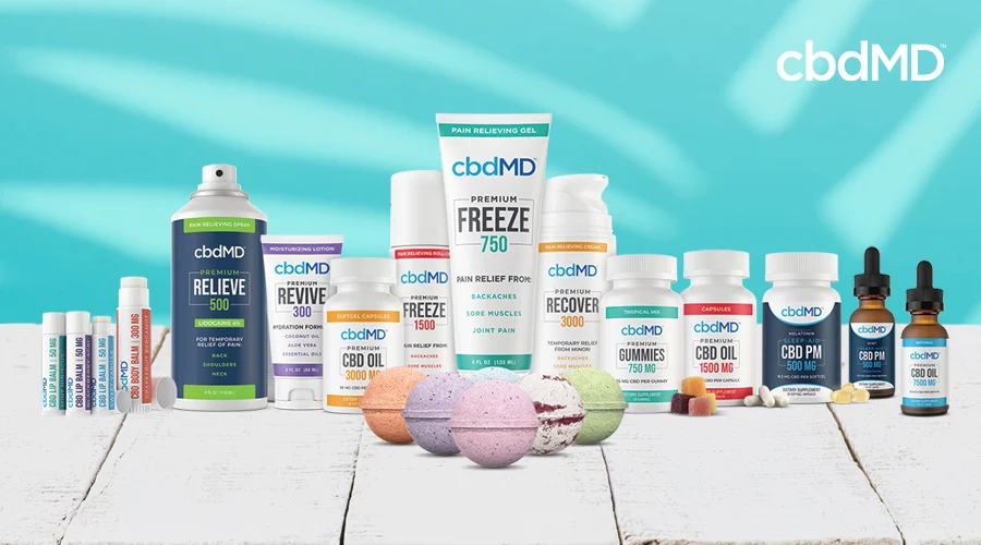 The entire line of cbd products from cbdmd sits together against a blue background