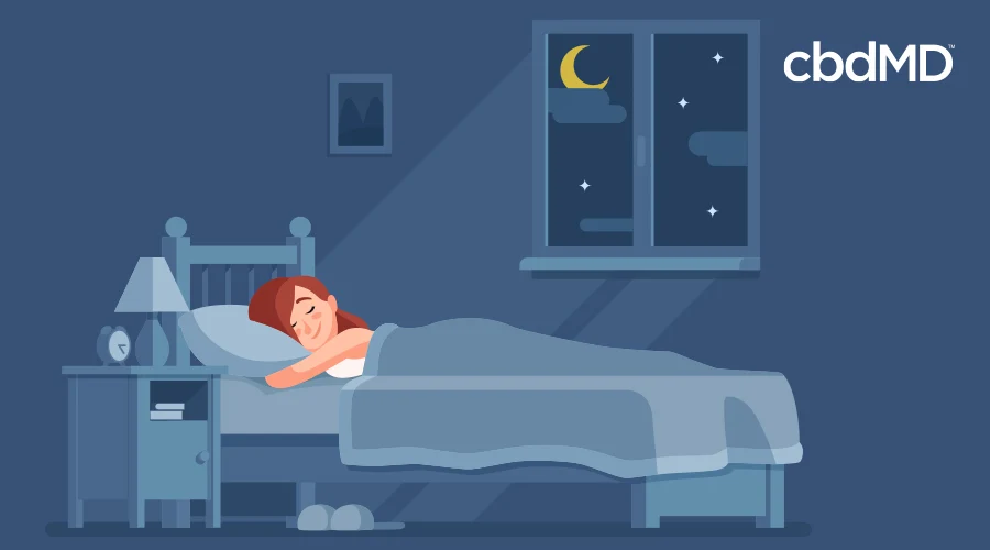 A cartoon of a red haired woman sleeping in a dark blue room