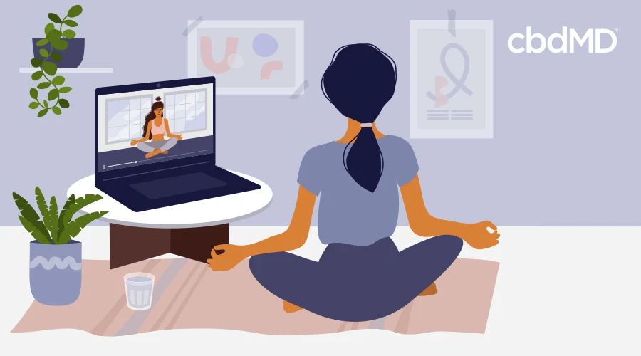 A cartoon of a woman doing yoga sitting cross legged watching a video on a computer