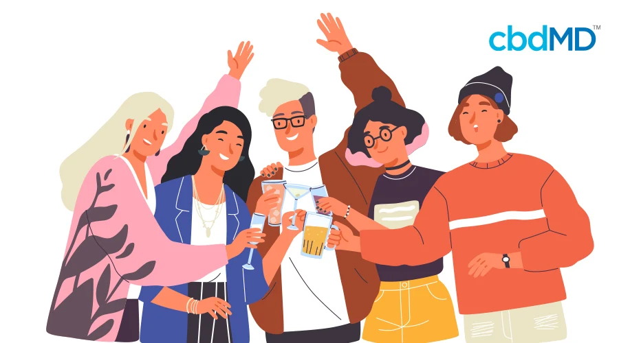 A cartoon of five friends smiling and clinking glasses together