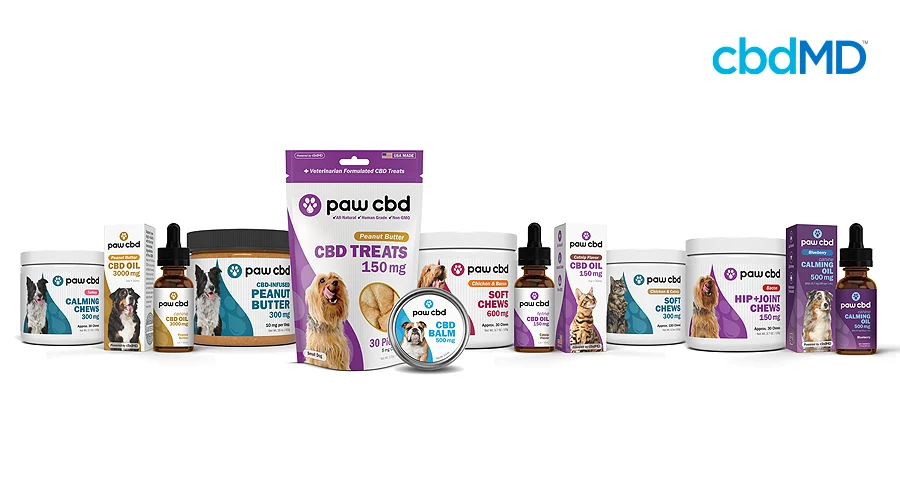 The entire line of paw cbd products sits in a line against a white background