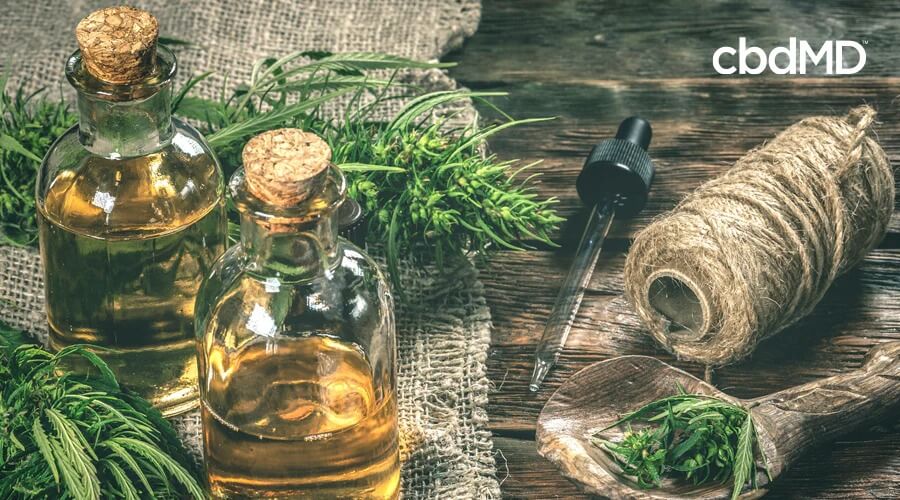 Two bottles of cbd oil sit among raw hemp plants and fibers made from hemp