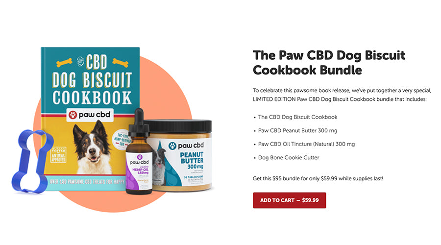 Paw cbd dog biscuit cookbook with canine hemp oil peanut butter flavored and cbd peanut butter next to bone shaped treat cutout with add to cart button - cbdMD