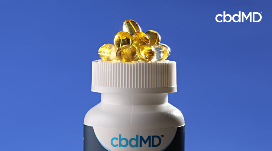 A bottle of cbd PM from cbdmd sits with several capsules on top of the cap