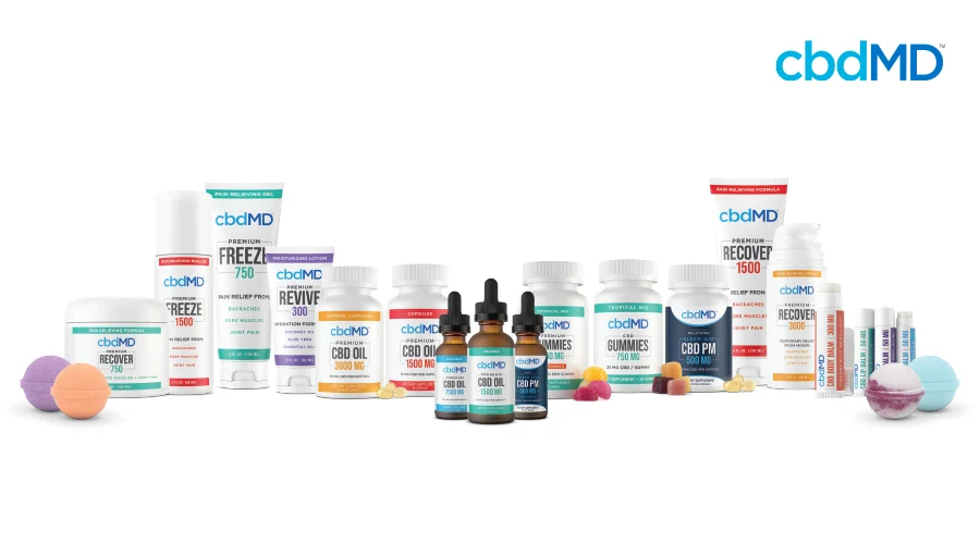 The full line of cbdMD products is shown sitting together on a field of white