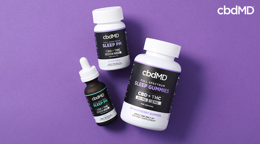 Full spectrum sleep pm tincture 50 mg cbd 2 mg thc mint sleep pm 50 mg cbd 2 mg thc softgels and sleep gummies 50 mg cbd 2 mg thc raspberry next to each other - cbdMD