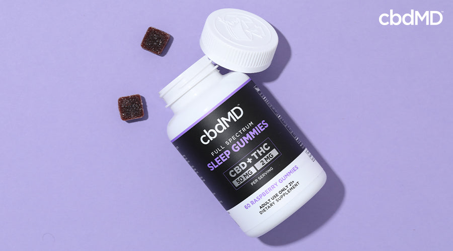 Full spectrum sleep gummies 50 mg cbd 2 mg thc raspberry with cbd gummies around it - cbdMD