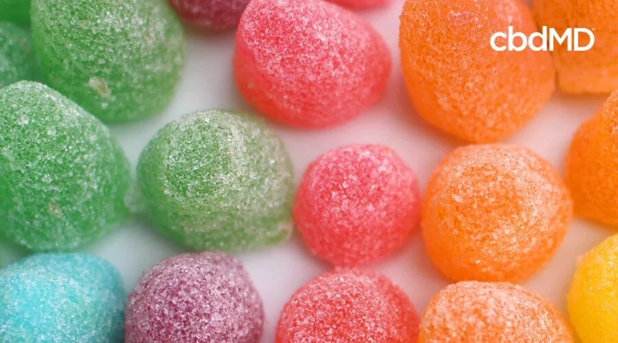 Freshly made, multi-colored cbd gummies sit all together on a sheet