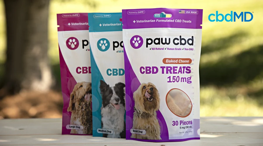 Three bags of cbd dog treats from cbdmd sits together on a stone wall