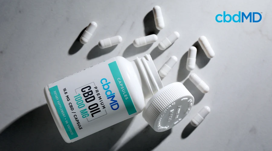 A bottle of 1000 mg CBD capsules from cbdMD lays on its side with several pills spilled out