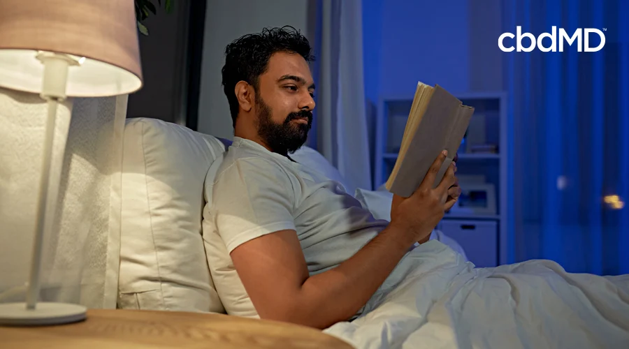 A bearded man sits in bed and reads by the light of a lamp