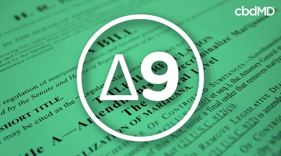 Delta 9 symbol with a legal document in the background - cbdMD