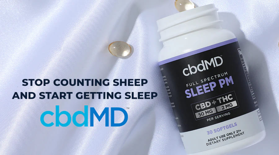 cbdMD Full Spectrum sleep softgels with softgels next to it laying on a sheet and text reading stop counting sheep and start getting sleep cbdMD