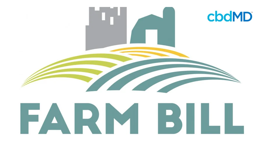 A stylized graphic shows a silo and farmhouse above a broad field in green and gold with the words farm bill emblazoned beneath
