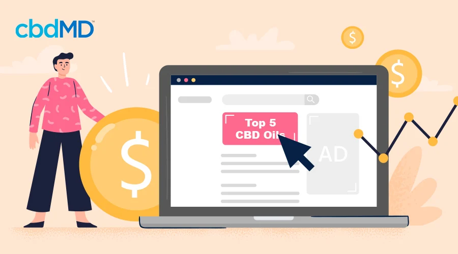 A cartoon depicts a laptop on a webpage showing top cbd oil companies with gold coins surrounding it