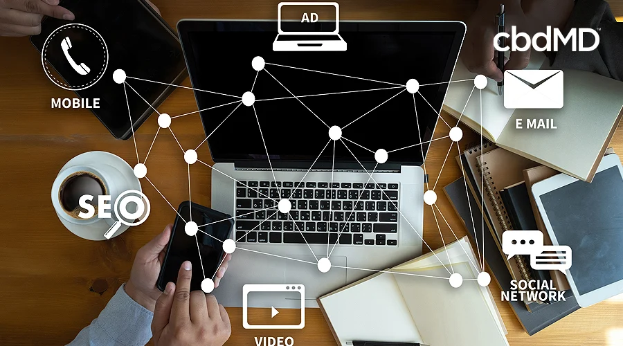 A laptop sits on a desk with a businessman's arm holding a smartphone over top of it with a diagram overlaid that shows how marketing is connected