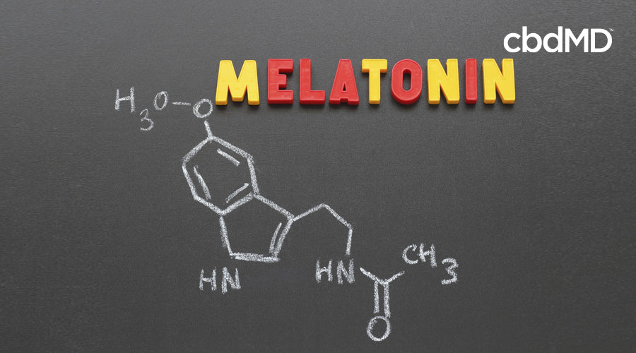 A chalkboard shows the chemical make up of melatonin with the word written out in bright colors