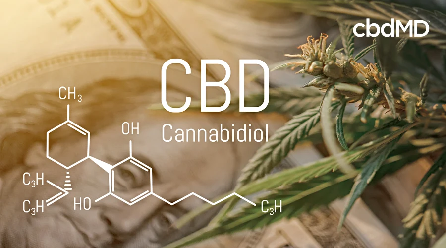The chemical composition of cbd sits transposed atop a hundred dollar bill and a cannabis plant